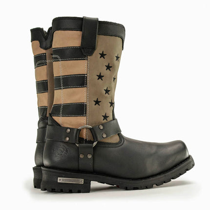 ML Men's Stars and Stripes Black w/ Tan Motorcycle Harness Boots