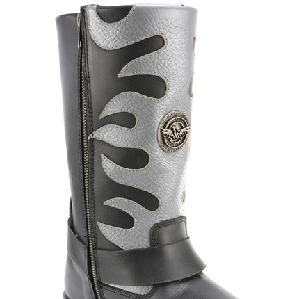 ML Men's 11- Inch Square Toe Fire Fight Black Harness Boots w/ Silver Flames