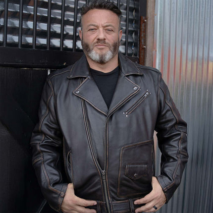 ML Men's MC Style Brown Vintage Leather Motorcycle Jacket w/ Lapel Collar