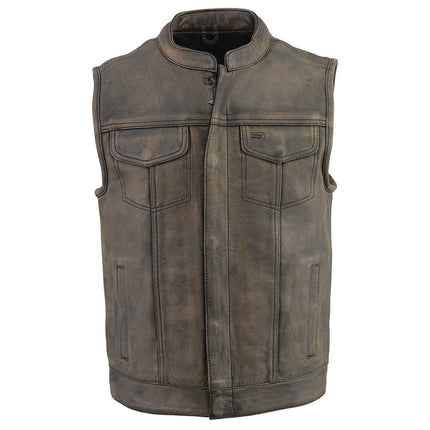 ML Men's Distressed Brown Leather Club Style Motorcycle Vest w/ Double Closure