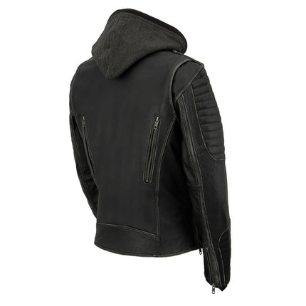 ML Women's Black Rub-Off Leather Jacket with Hoodie