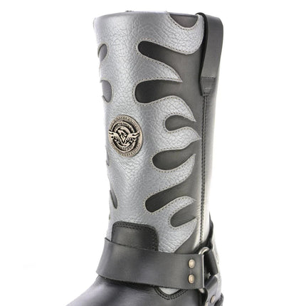 ML Men's 11- Inch Square Toe Fire Fight Black Harness Boots w/ Silver Flames