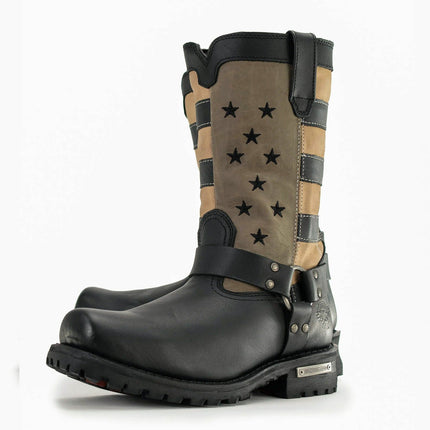 ML Men's Stars and Stripes Black w/ Tan Motorcycle Harness Boots