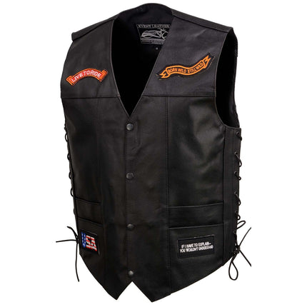 ML Men's Adjustable Side Lace Pre Patched Black Leather Biker Vest w/ 9 Patches