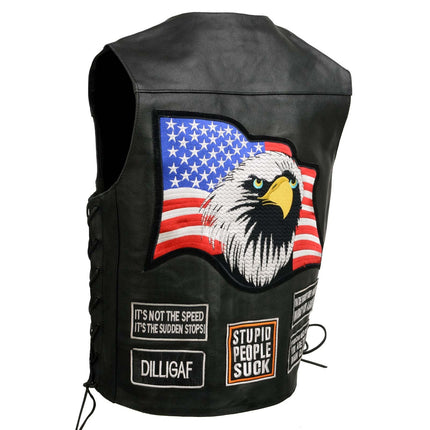 ML Men's Adult Pre Patched Black Leather Motorcycle Vest