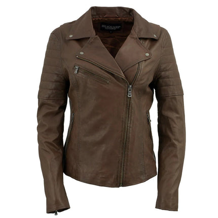 ML Women's Brown Leather Vintage Biker Style Fashion Leather Jacket