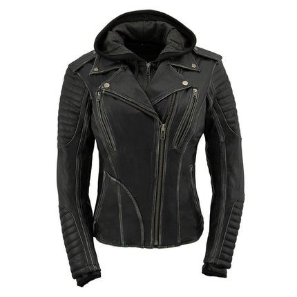 ML Women's Black Rub-Off Leather Jacket with Hoodie