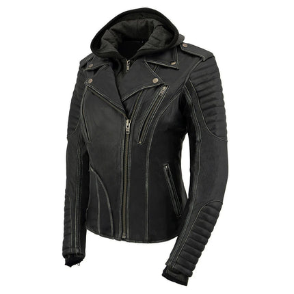 ML Women's Black Rub-Off Leather Jacket with Hoodie