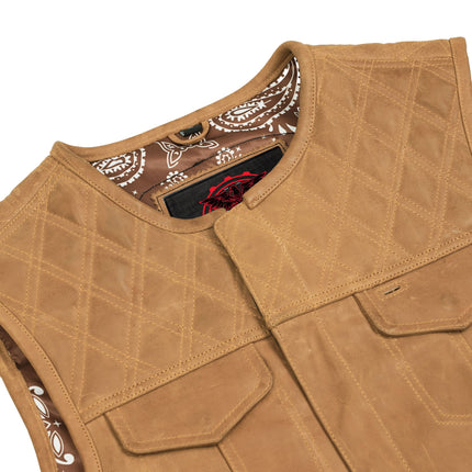 Men's Brown Leather Diamond Stitch Low-Cut Biker Vest