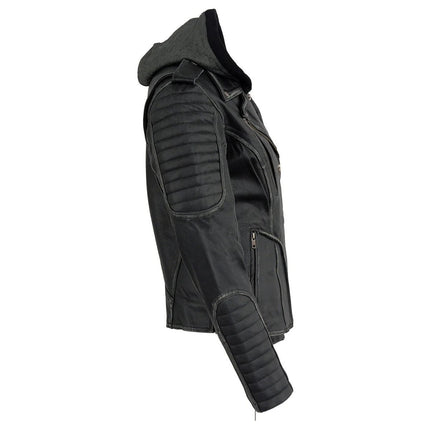 ML Women's Black Rub-Off Leather Jacket with Hoodie
