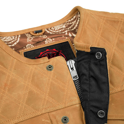 Men's Brown Leather Diamond Stitch Low-Cut Biker Vest