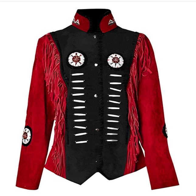 Womens Black/Red Suede Fringe Leather Cowgirl Jacket w/ Bead Work