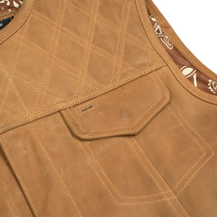 Men's Brown Leather Diamond Stitch Low-Cut Biker Vest