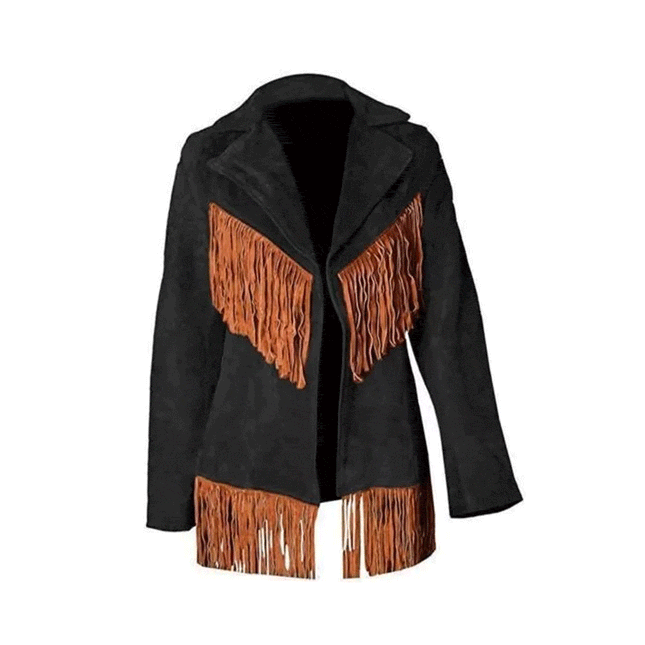 Womens Black and Brown Suede Leather Fringe Western Jacket