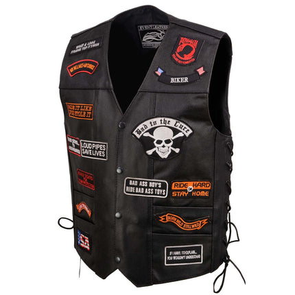 ML Men's Side Lace Pre Patched Biker Vest w/ 23 Patches