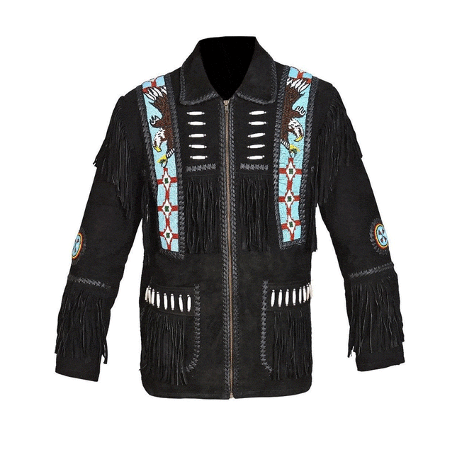 Men's Black Suede Leather Fringe Cowboy Jacket