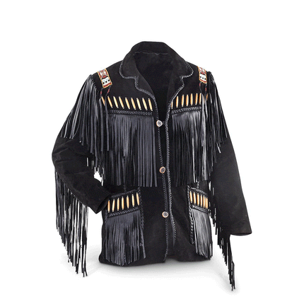 Men's Black Suede Fringe Leather Jacket w/ Bone Beads