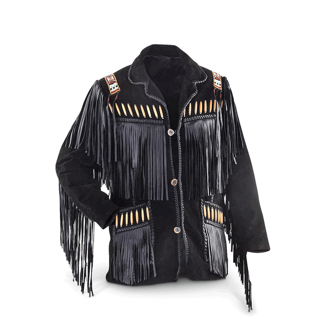 Men's Black Suede Fringe Leather Jacket w/ Bone Beads
