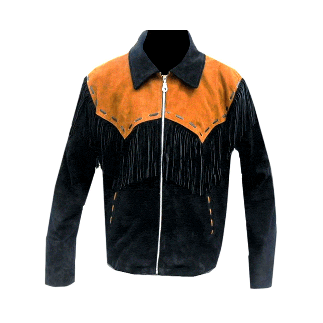 Men's Black Collared Suede Fringe Leather Western Cowboy Jacket