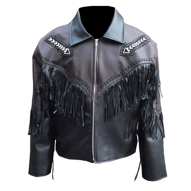 Men's Black Leather Fringe Jacket with Arrow Beadwork