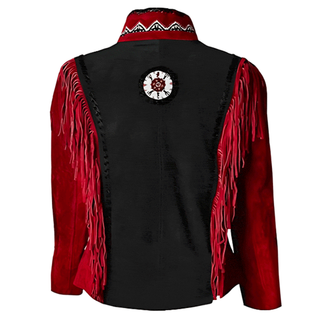 Womens Black/Red Suede Fringe Leather Cowgirl Jacket w/ Bead Work
