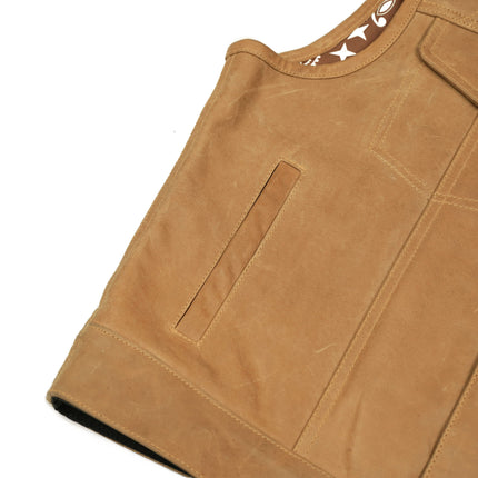 Men's Brown Leather Diamond Stitch Low-Cut Biker Vest