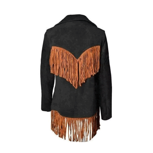 Womens Black and Brown Suede Leather Fringe Western Jacket