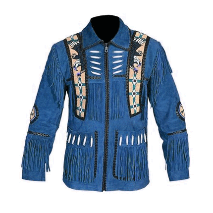 Men's Blue Fringe Suede Leather Western Jacket w/ Bead Work