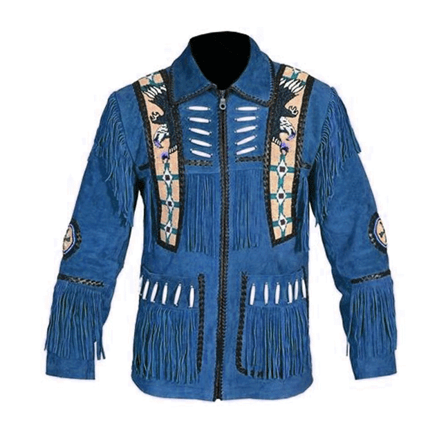 Men's Blue Fringe Suede Leather Western Jacket w/ Bead Work