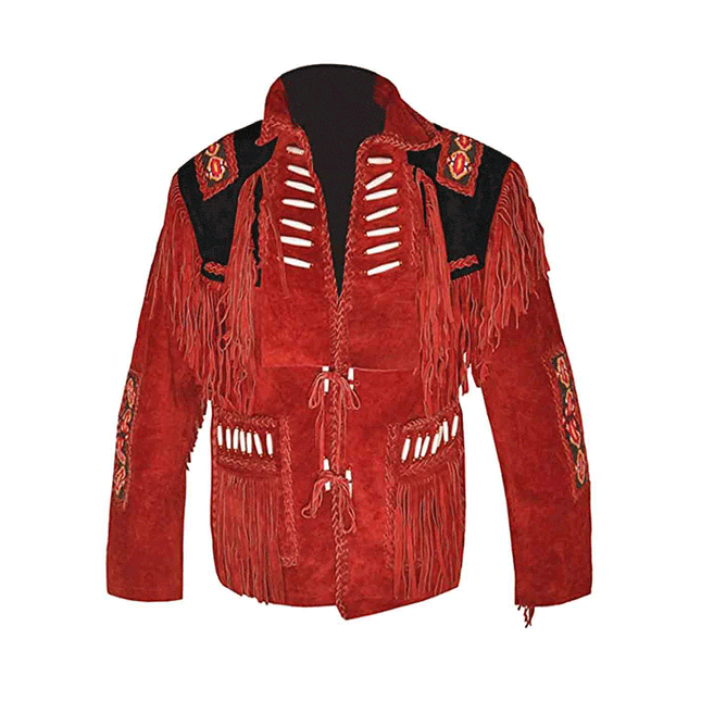 Men's Red Suede Fringe Western Jacket w/ Bone Beads