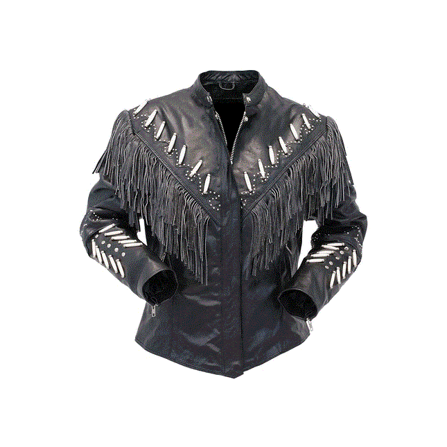 Black Western Fringe Leather Jacket with Bone Beads Work