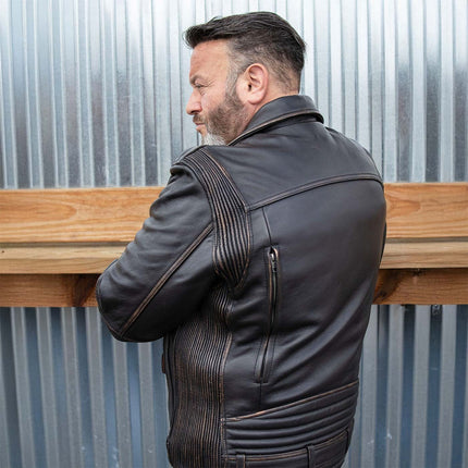 ML Men's MC Style Brown Vintage Leather Motorcycle Jacket w/ Lapel Collar