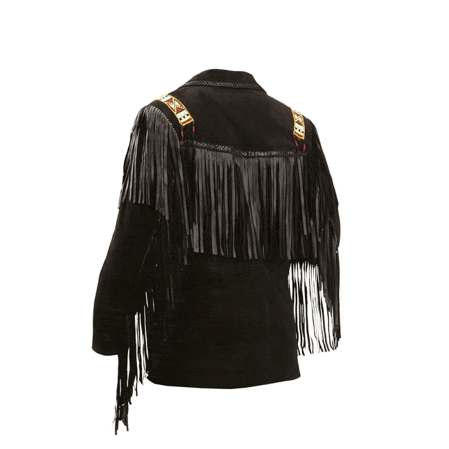 Men's Black Suede Fringe Leather Jacket w/ Bone Beads