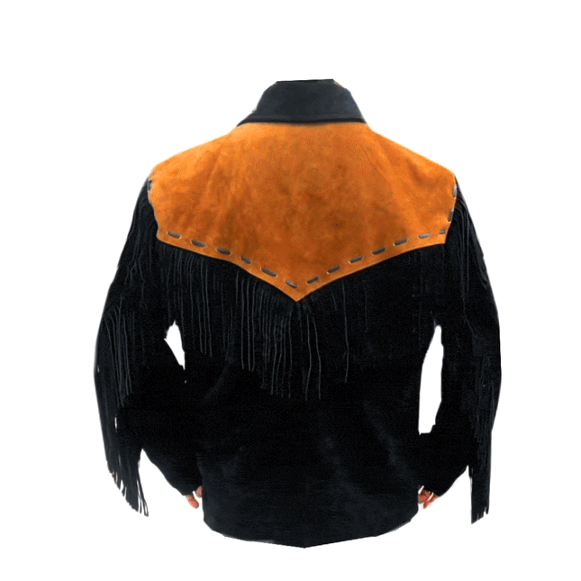 Men's Black Collared Suede Fringe Leather Western Cowboy Jacket