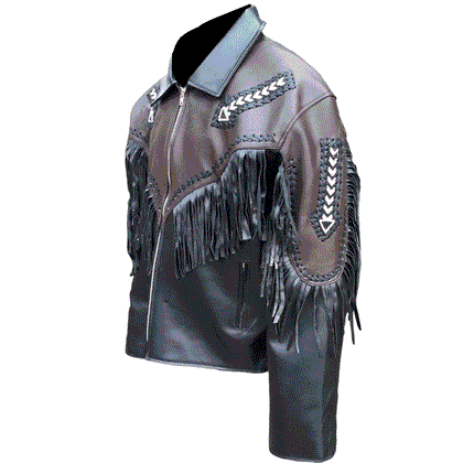 Men's Black Leather Fringe Jacket with Arrow Beadwork