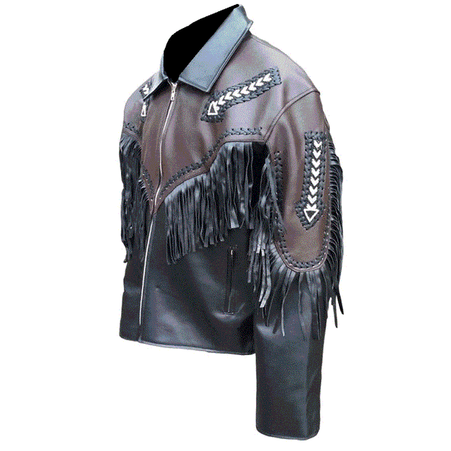 Men's Black Leather Fringe Jacket with Arrow Beadwork