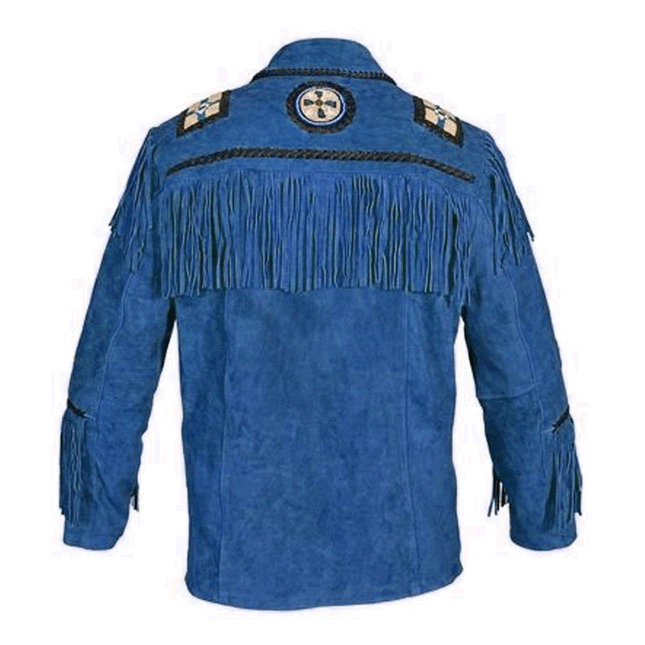 Men's Blue Fringe Suede Leather Western Jacket w/ Bead Work