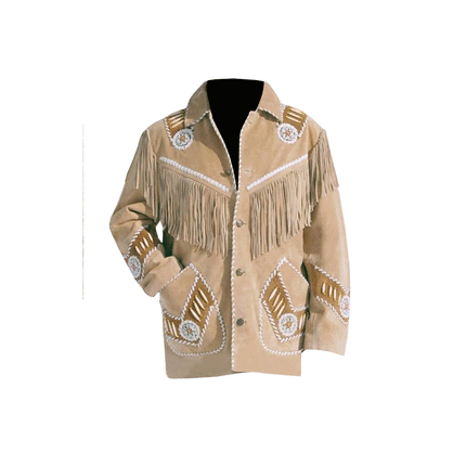 Men's Beige Suede Leather Cowboy Jacket with Bead Work