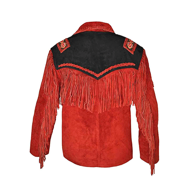 Men's Red Suede Fringe Western Jacket w/ Bone Beads