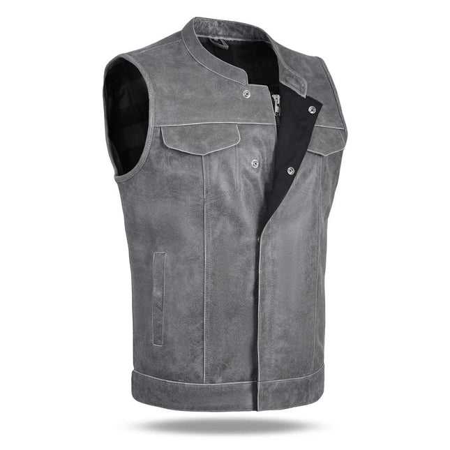 Men's SOA Anarchy Club Style Gray Distressed Leather Motorcycle Vest