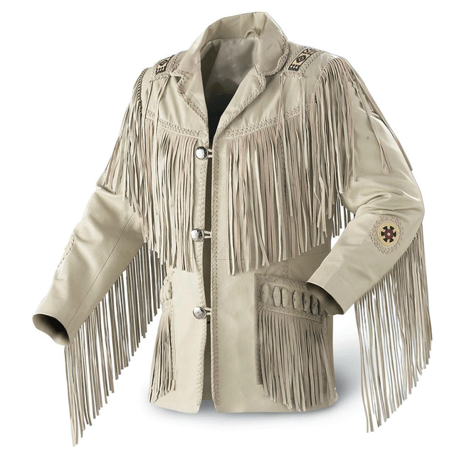 Men's White Suede Leather Fringe Cowboy Jacket