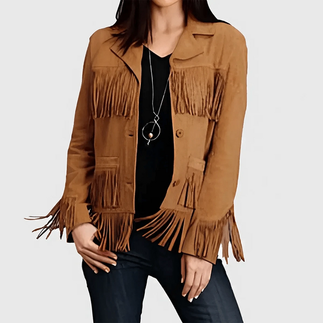 Women's Brown Leather Western Fringe Jacket