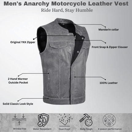 Men's SOA Anarchy Club Style Gray Distressed Leather Motorcycle Vest