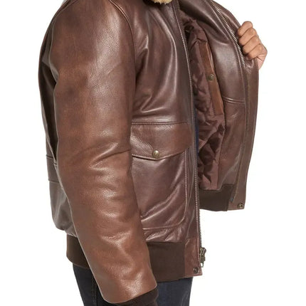 Brown A2 Leather Bomber Jacket with Shearling Collar