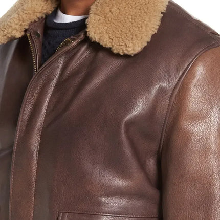 Brown A2 Leather Bomber Jacket with Shearling Collar