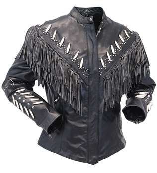 Black Western Fringe Leather Jacket with Bone Beads Work