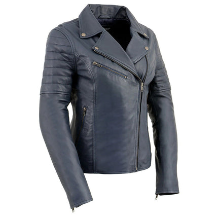 ML Women's Duchess Blue Biker Style Casual Fashion Leather Jacket