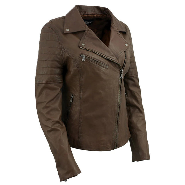 ML Women's Brown Leather Vintage Biker Style Fashion Leather Jacket