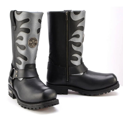 ML Men's 11- Inch Square Toe Fire Fight Black Harness Boots w/ Silver Flames