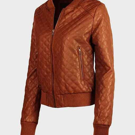 Women's Brown Leather Quilted Leather Bomber Jacket
